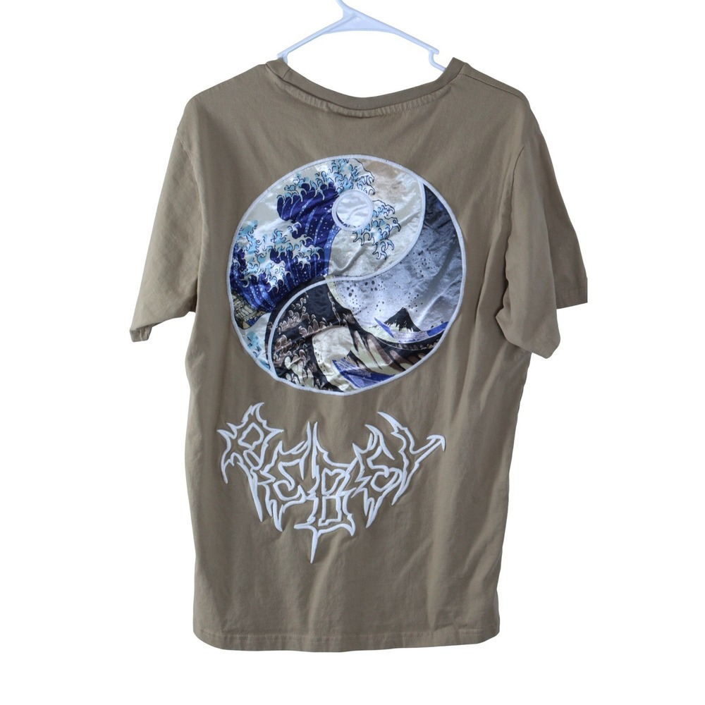 Rebel Vengeance Mens Tan Great Wave Yin Yang Graphic T-Shirt Embroidered Cotton